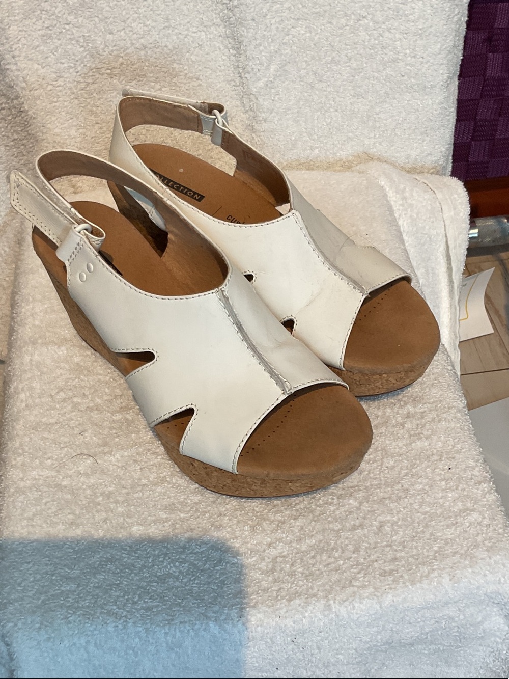 G20. Clarks White Vegan Leather Cork Wedge Slingback Sandals